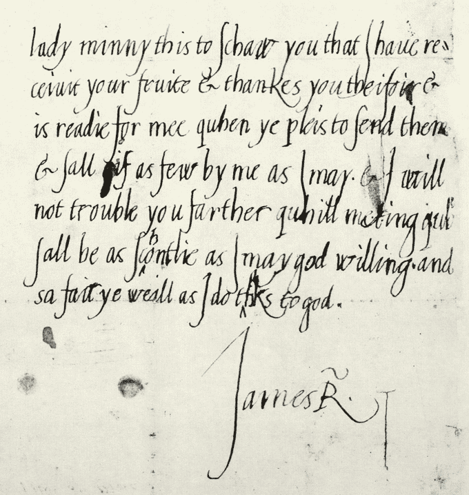 Image shows the earliest surviving letter of James VI, written in his own hand when he was about six years old. He refers to the Countess as Lady 'Minny', an affectionate Scots word for 'mother'. National Records of Scotland reference GD124/10/45
