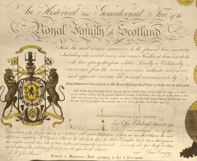 Image shows part of a family tree  for the Scottish royal family created by John Brown in 1792 and including the Scottish royal arms. National Records of Scotland reference: RH16/135.