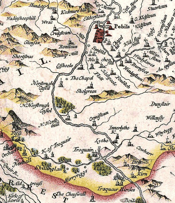 The image shows part of a map of Tweeddale, an old name for Peebles-shire. It follows the course of the River Tweed and Eddleston Water through lands between Teviotdale and Ettrick Forest. It was drawn by Timothy Pont in 1608 and published in Blaeus Atlas in 1654. Crown copyright: National Records of Scotland. National Records of Scotland reference: RHP 13899/1. Reproduced by permission of the National Library of Scotland.